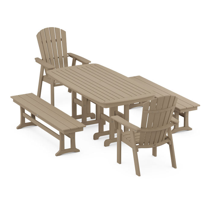 Nautical Curveback Adirondack 5-Piece Dining Set with Benches in Vintage Finish