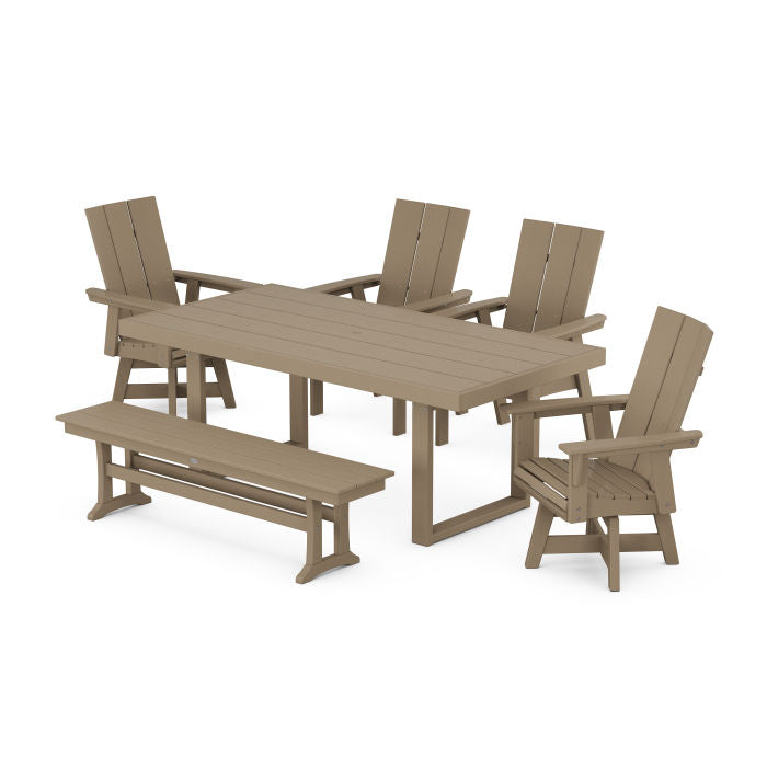 Modern Curveback Adirondack Swivel Chair 6-Piece Dining Set with Bench in Vintage Finish