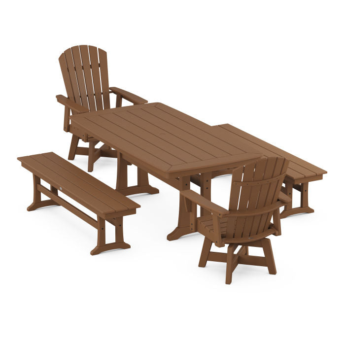 Nautical Curveback Adirondack Swivel Chair 5-Piece Dining Set with Trestle Legs and Benches
