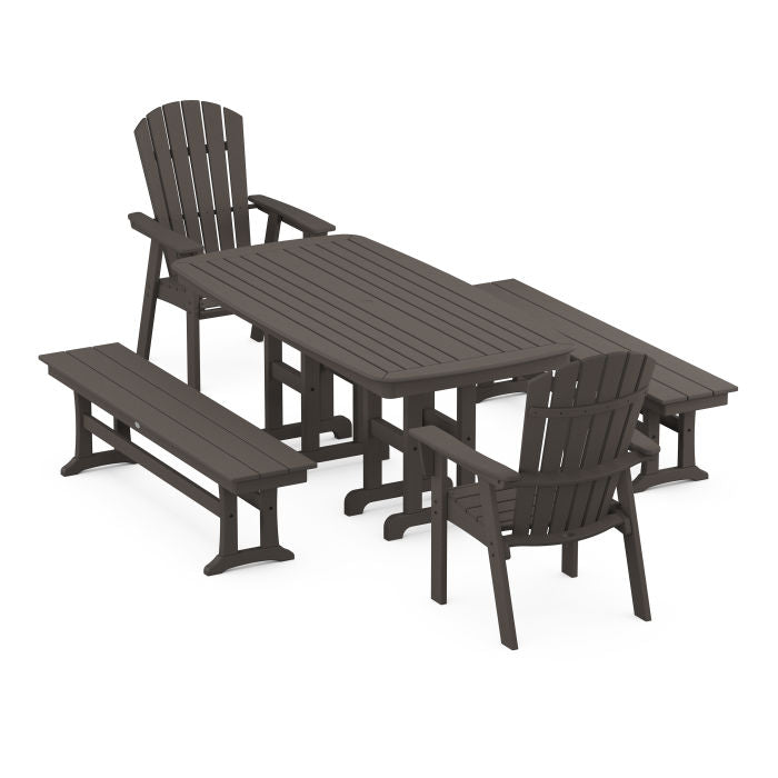 Nautical Curveback Adirondack 5-Piece Dining Set with Benches in Vintage Finish