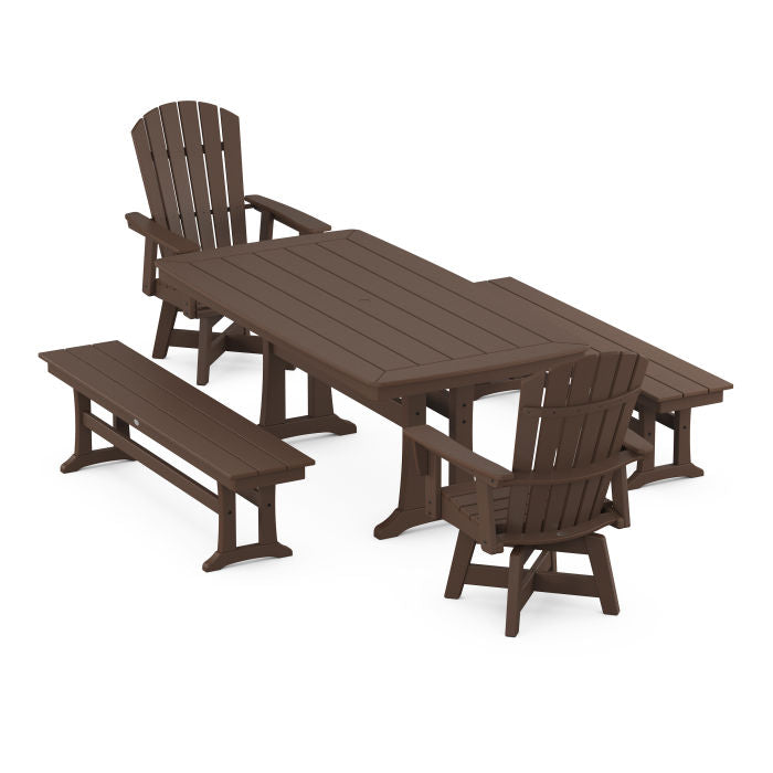 Nautical Curveback Adirondack Swivel Chair 5-Piece Dining Set with Trestle Legs and Benches