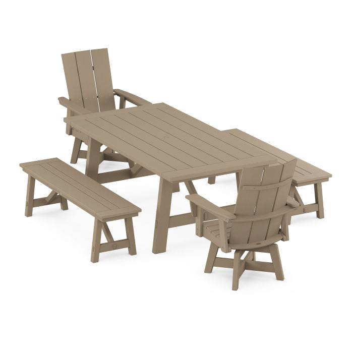 Modern Curveback Adirondack Swivel Chair 5-Piece Rustic Farmhouse Dining Set With Benches in Vintage Finish