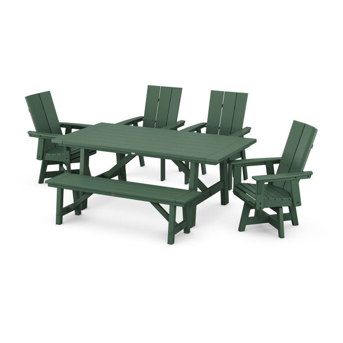 Modern Curveback Adirondack Swivel Chair 6-Piece Rustic Farmhouse Dining Set with Bench