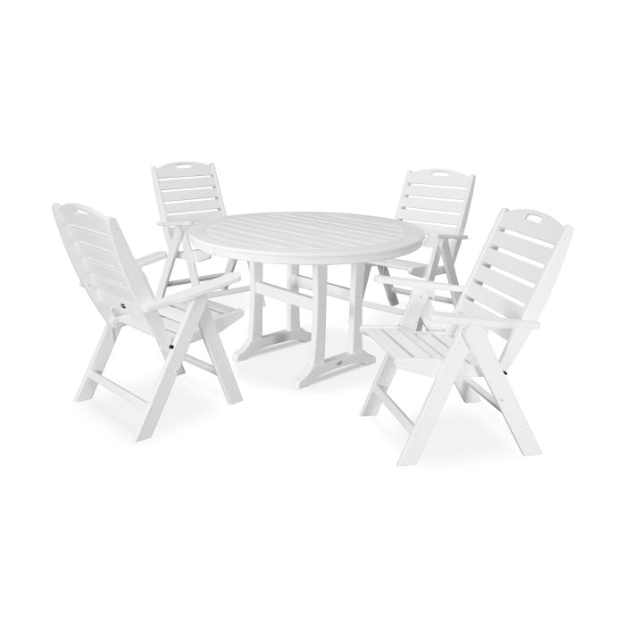 5-Piece Nautical Highback Chair Round Dining Set with Trestle Legs