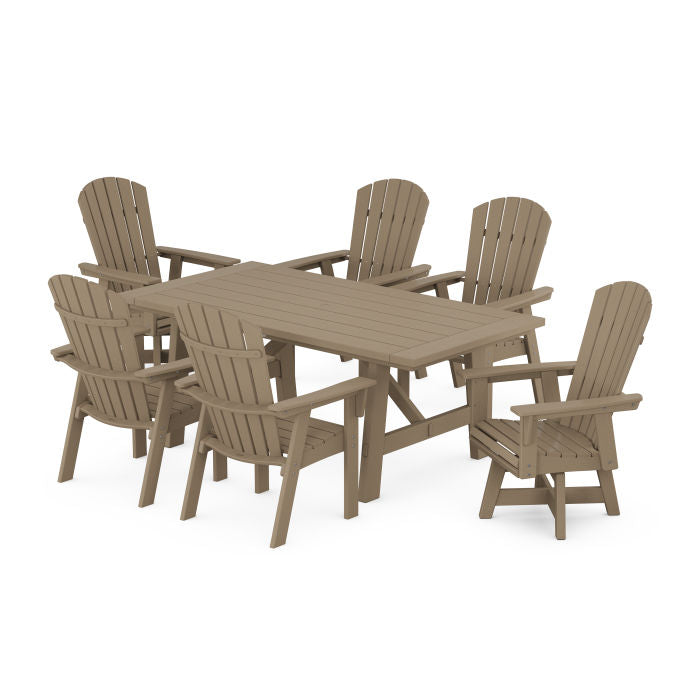 Nautical Curveback Adirondack Swivel Chaie 7-Piece Rustic Farmhouse Dining Set in Vintage Finish