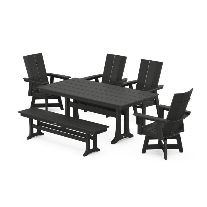 Modern Curveback Adirondack Swivel Chair 6-Piece Farmhouse Dining Set With Trestle Legs and Bench