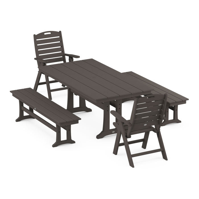 Nautical Folding Highback Chair 5-Piece Farmhouse Dining Set With Trestle Legs and Benches in Vintage Finish