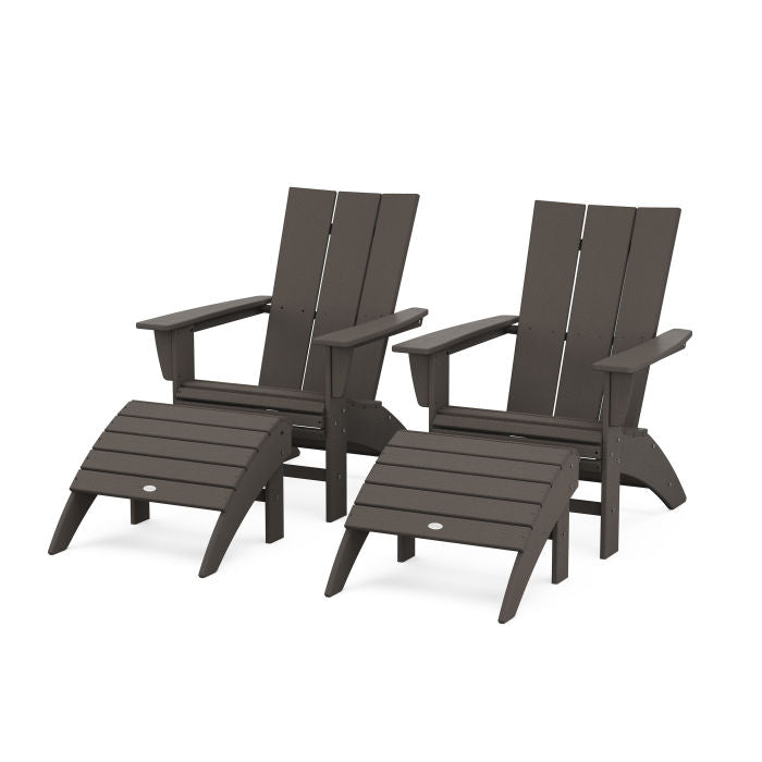 Modern Curveback Adirondack Chair 4-Piece Set with Ottomans in Vintage Finish