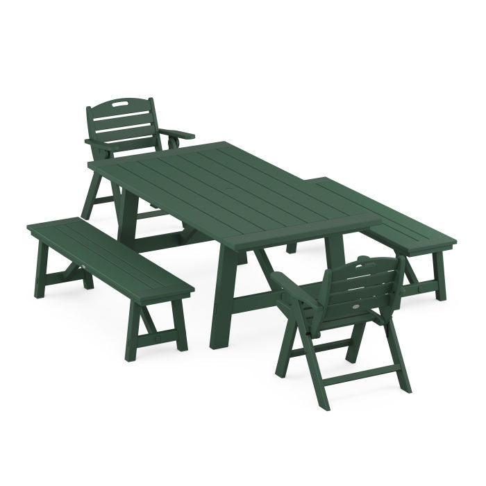 Nautical Folding Lowback Chair 5-Piece Rustic Farmhouse Dining Set With Benches