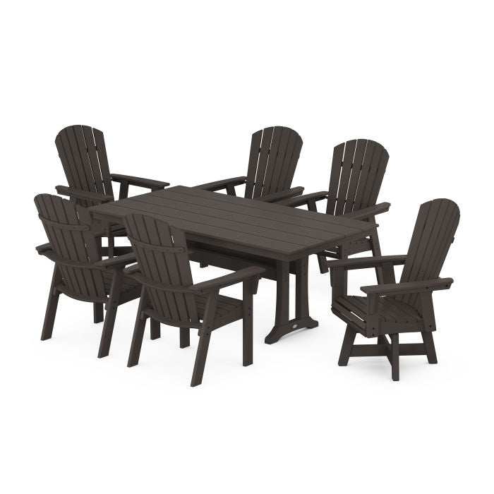 Nautical Curveback Adirondack Swivel Chair 7-Piece Farmhouse Dining Set With Trestle Legs in Vintage Finish