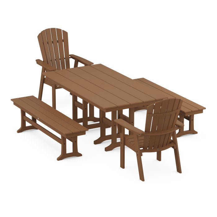 Nautical Curveback Adirondack 5-Piece Farmhouse Dining Set with Benches