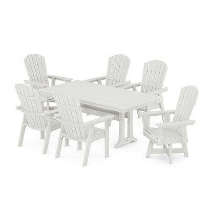 Nautical Curveback Adirondack Swivel Chair 7-Piece Farmhouse Dining Set With Trestle Legs in Vintage Finish