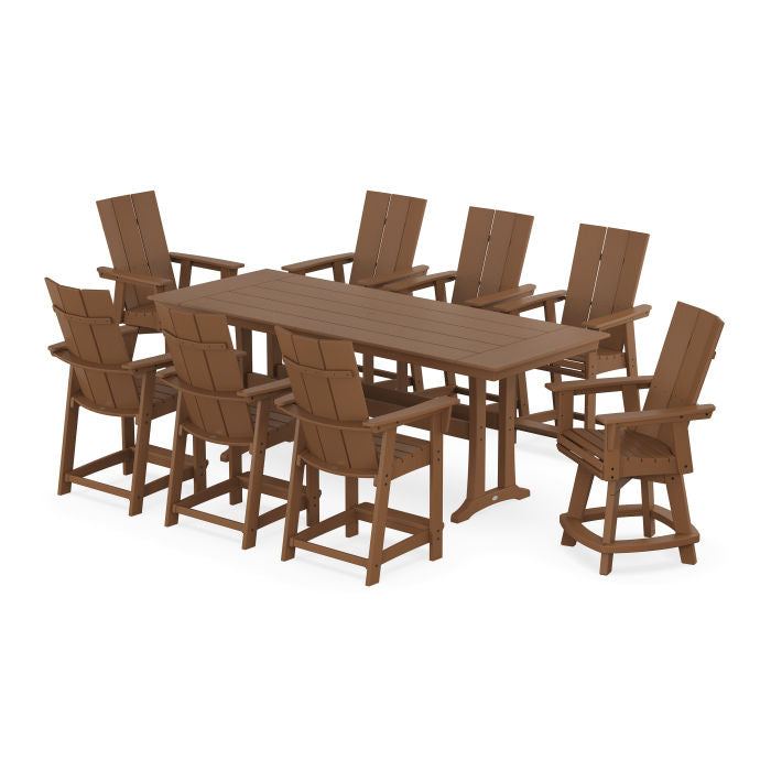 Modern Curveback Adirondack Swivel 9-Piece Farmhouse Counter Set with Trestle Legs