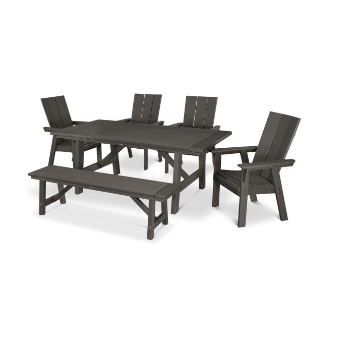 Modern Curveback Adirondack 6-Piece Rustic Farmhouse Dining Set with Bench in Vintage Finish