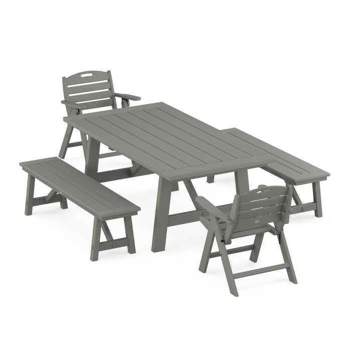 Nautical Folding Lowback Chair 5-Piece Rustic Farmhouse Dining Set With Benches