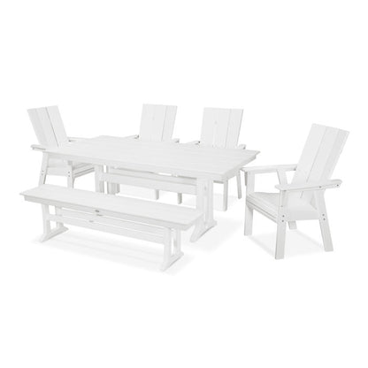Modern Curveback Adirondack 6-Piece Farmhouse Dining Set with Trestle Legs and Bench
