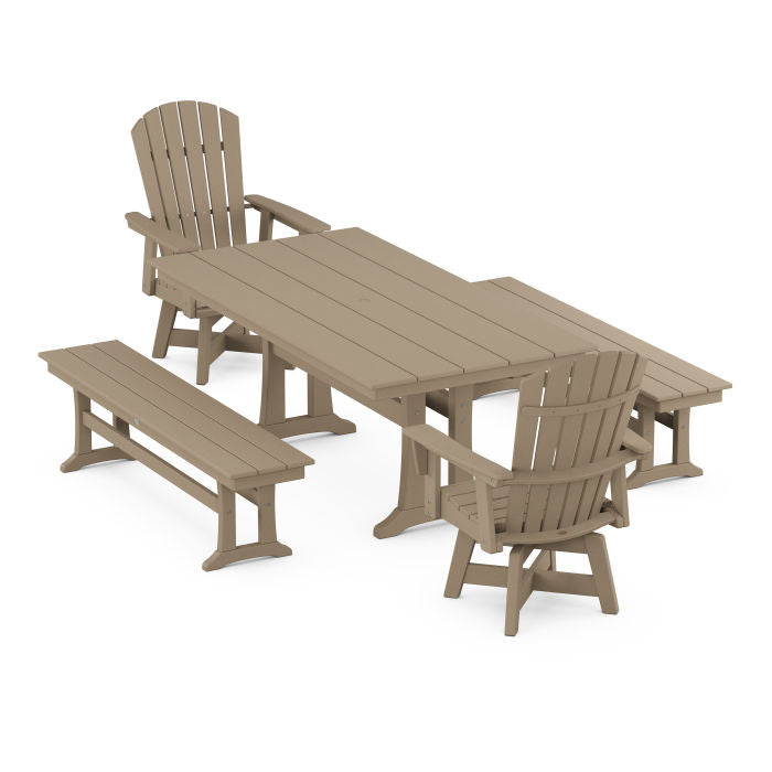 Nautical Curveback Adirondack Swivel Chair 5-Piece Farmhouse Dining Set With Trestle Legs and Benches in Vintage Finish