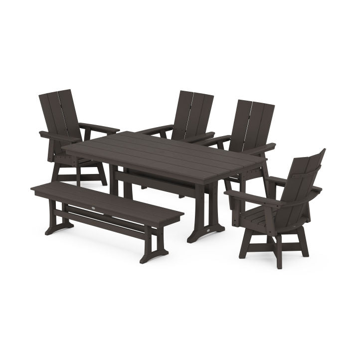 Modern Curveback Adirondack Swivel Chair 6-Piece Farmhouse Dining Set With Trestle Legs and Bench in Vintage Finish