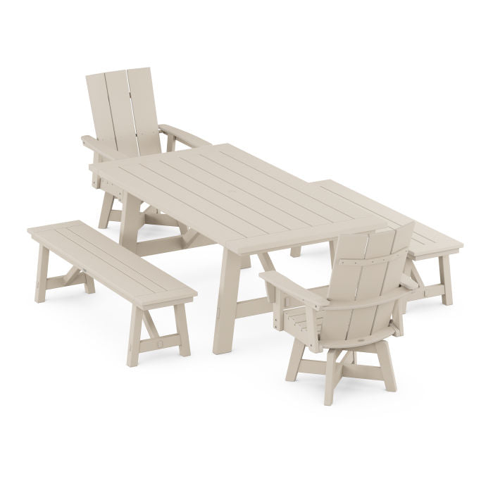 Modern Curveback Adirondack Swivel Chair 5-Piece Rustic Farmhouse Dining Set With Benches