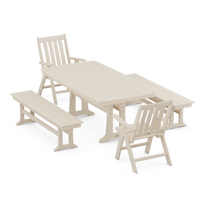 Vineyard Folding Chair 5-Piece Dining Set with Trestle Legs and Benches