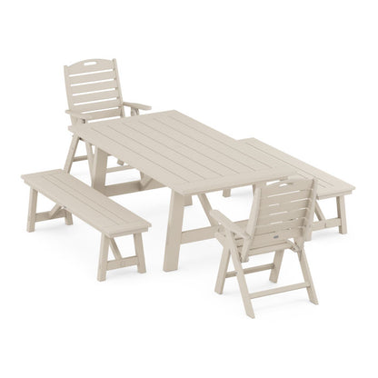 Nautical Folding Highback Chair 5-Piece Rustic Farmhouse Dining Set With Benches