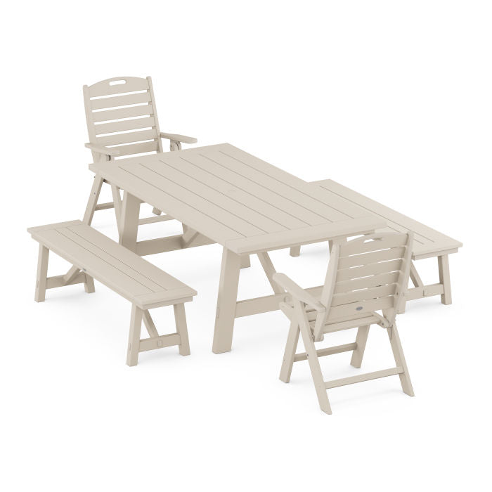 Nautical Folding Highback Chair 5-Piece Rustic Farmhouse Dining Set With Benches