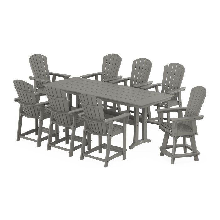 Nautical Curveback Adirondack Swivel 9-Piece Farmhouse Swivel Counter Set with Trestle Legs