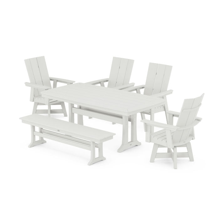 Modern Curveback Adirondack Swivel Chair 6-Piece Dining Set with Trestle Legs and Bench in Vintage Finish