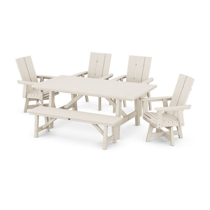 Modern Curveback Adirondack Swivel Chair 6-Piece Rustic Farmhouse Dining Set with Bench