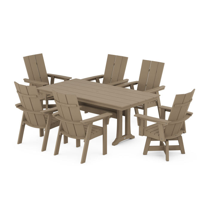 Modern Curveback Adirondack Swivel Chair 7-Piece Farmhouse Dining Set With Trestle Legs in Vintage Finish