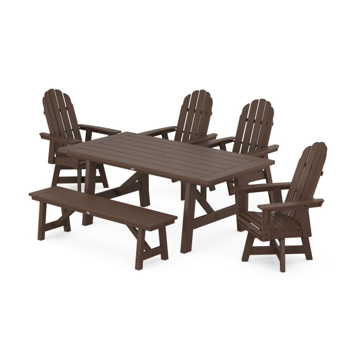 Vineyard Curveback Adirondack Swivel Chair 6-Piece Rustic Farmhouse Dining Set With Bench