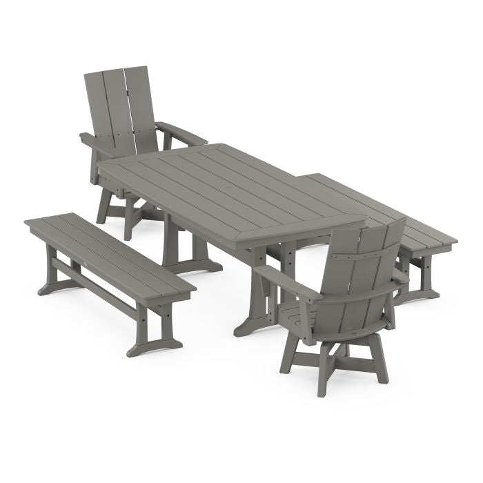 Modern Curveback Adirondack Swivel Chair 5-Piece Dining Set with Trestle Legs and Benches