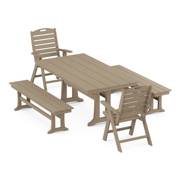 Nautical Folding Highback Chair 5-Piece Farmhouse Dining Set With Trestle Legs and Benches in Vintage Finish