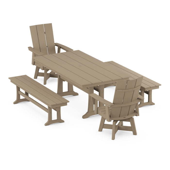 Modern Curveback Adirondack Swivel Chair 5-Piece Farmhouse Dining Set With Trestle Legs and Benches in Vintage Finish