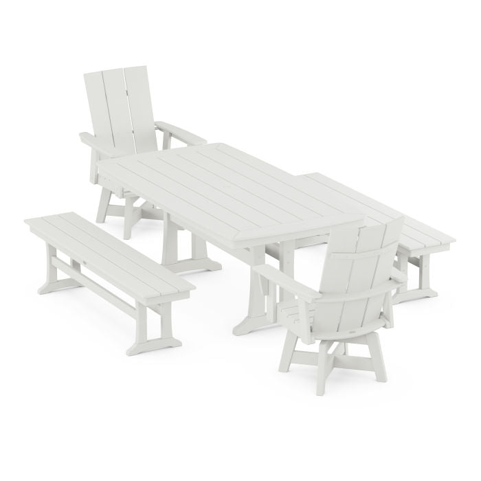 Modern Curveback Adirondack Swivel Chair 5-Piece Dining Set with Trestle Legs and Benches in Vintage Finish