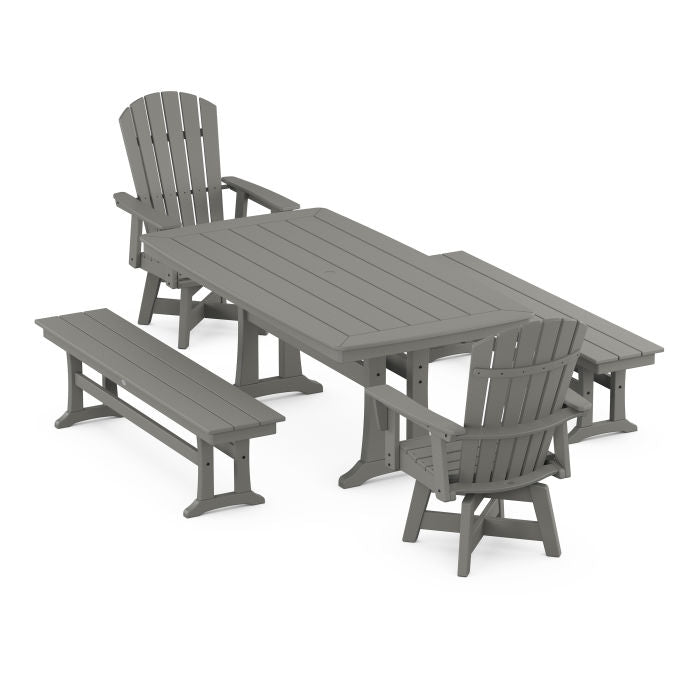 Nautical Curveback Adirondack Swivel Chair 5-Piece Dining Set with Trestle Legs and Benches