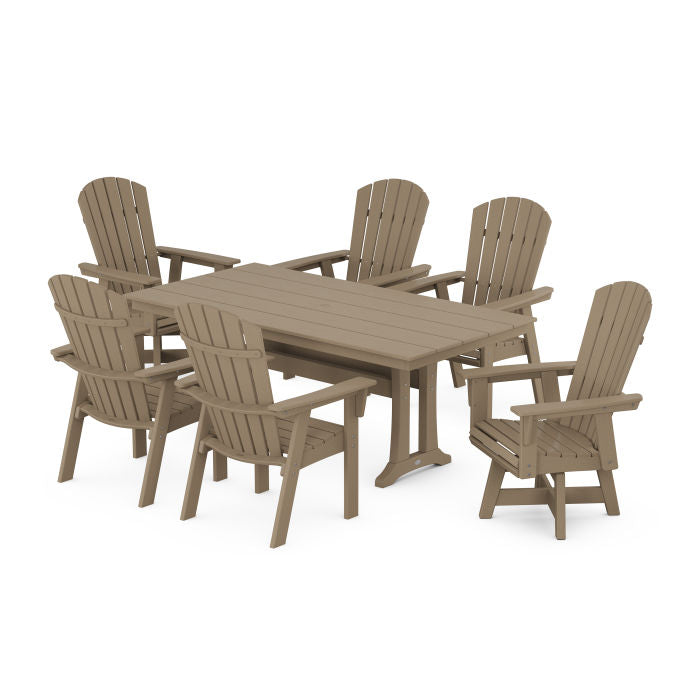 Nautical Curveback Adirondack Swivel Chair 7-Piece Farmhouse Dining Set With Trestle Legs in Vintage Finish
